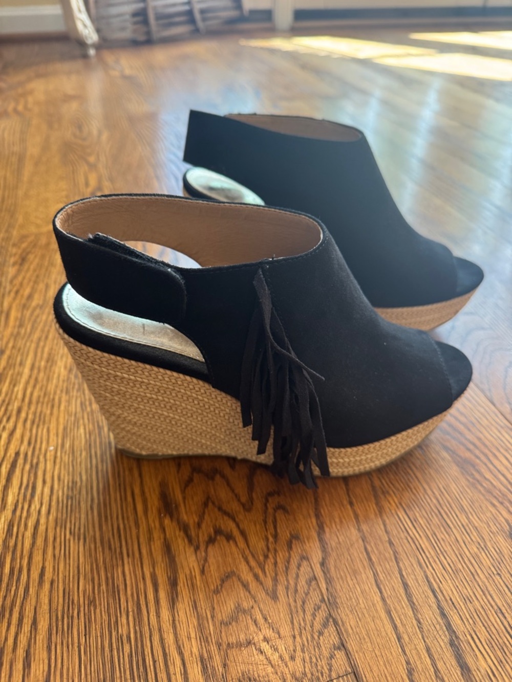Black Fringe Espadrille Wedge Sandals - Women
